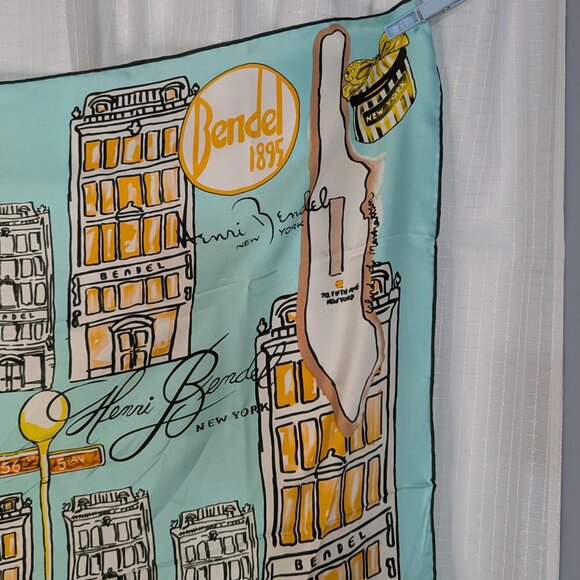 Henri Bendel 100% Silk Scarf, NYC motif, 34"X34"  Aqua Background - Picture 6 of 7